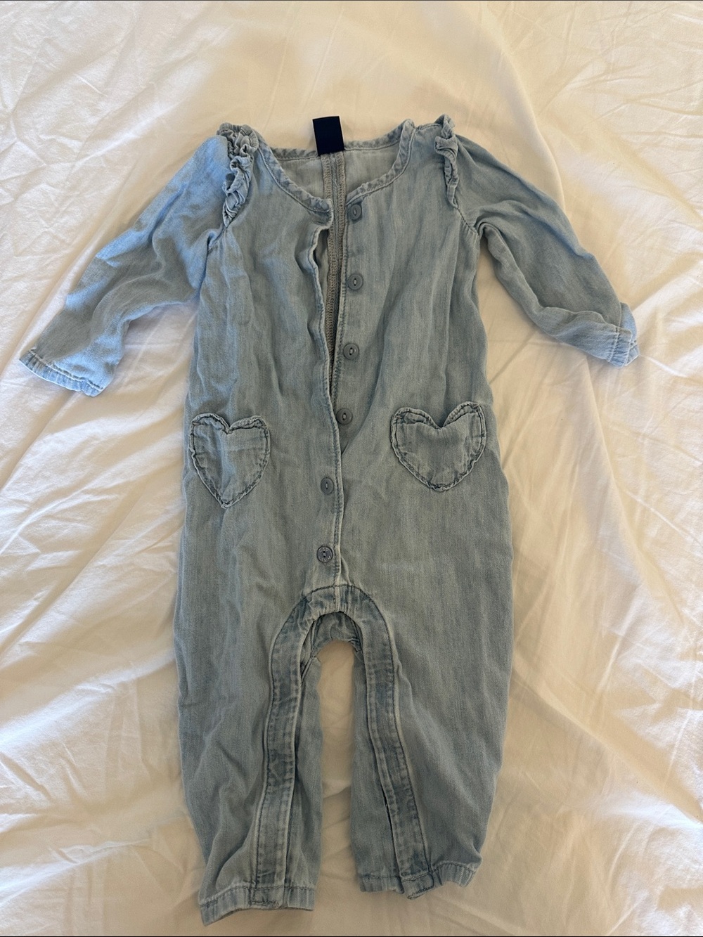 Baby Gap 6-12 months Light Blue Heart Pocket Denim Romper